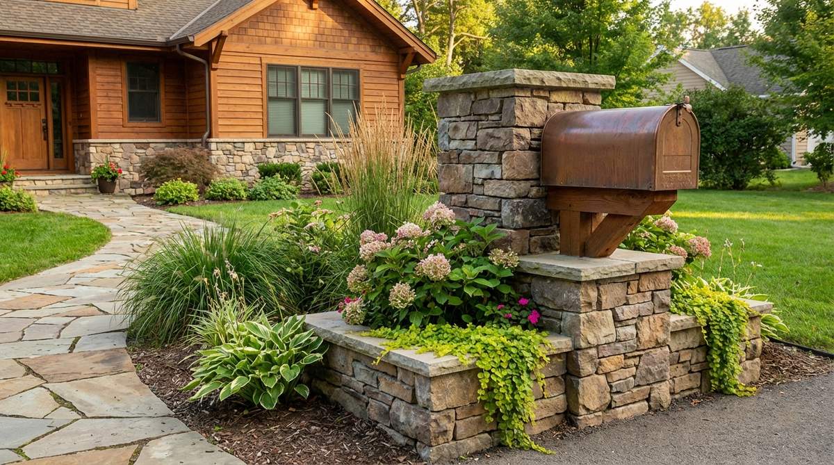 A custom mailbox installation integrated into a front yard garden design, featuring a substantial stone base with planted areas, complementing the home's architecture and creating visual interest from the street.