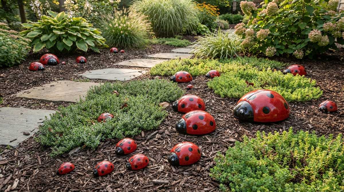 Multiple ladybugs in graduated sizes scattered across mulch or ground covers, with red shells and black spots creating cheerful accents at foot level in garden decor. The scattered placement encourages exploration of the entire garden space.