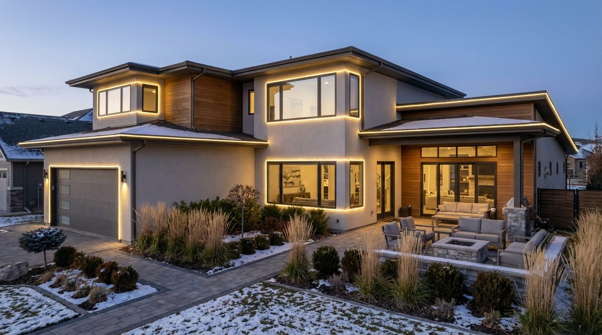 Flexible LED rope lights tracing clean architectural lines to create continuous glowing borders on a contemporary home during Christmas. The seamless appearance emphasizes modern forms by outlining window frames, garage door edges, and building corners with a single-color continuous glow, providing graphic definition that complements minimal design vocabularies for outdoor holiday decor.