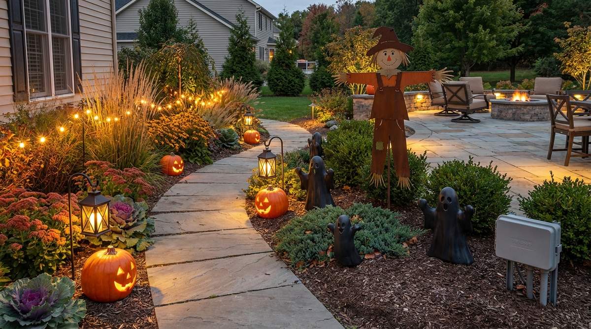 A festive Halloween garden with durable props, smart lighting, and perennial plants, designed for easy maintenance and minimal adjustments, featuring weather-resistant decor and automated timers.