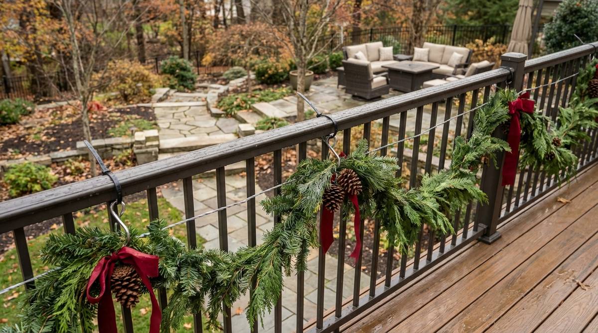 Stainless steel hooks, cable ties, and wire used to secure balcony Christmas decorations, designed to resist corrosion from moisture and maintain strength through wet-dry cycles.