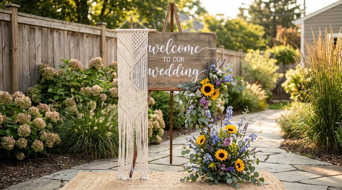 A boho wedding decoration featuring a welcome sign framed asymmetrically with macrame on one side and fresh wildflowers on the other, creating visual interest and directing attention to the signage. Ideal for positioning at the venue entrance to preview the design aesthetic for arriving guests.
