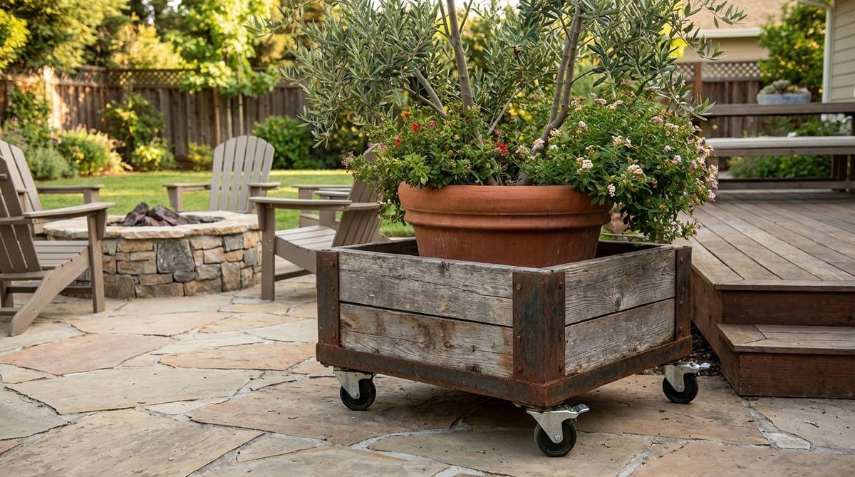 A wheeled planter base with heavy-duty casters for easy repositioning of large outdoor plant containers. Shows a planter on locking casters that can be moved for sun tracking or space reconfiguration, ideal for seasonal arrangements and multi-functional outdoor spaces.
