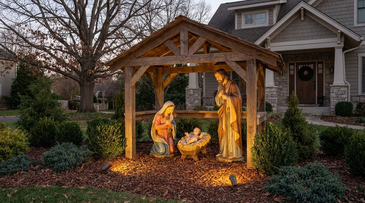 A life-size nativity scene installation in a front yard garden, featuring Mary, Joseph, and the infant Jesus, illuminated with landscape spotlights and protected by weather-resistant materials, as part of traditional Christmas landscape presentations.