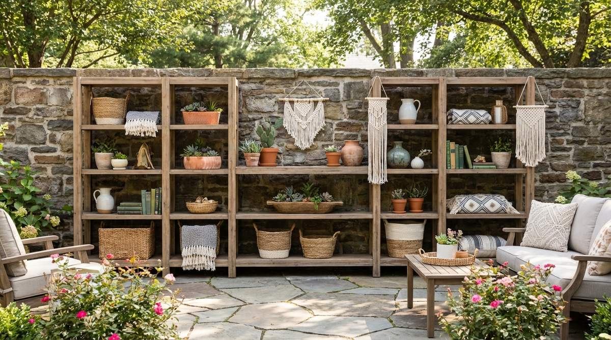 Open wooden shelving styled with curated boho decor items including books, plants, ceramics, and textiles arranged asymmetrically for visual interest.
