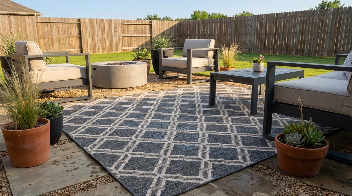 Modern outdoor area rug with geometric patterns made from durable polypropylene material. The rug defines conversation zones in garden settings, withstands moisture and UV exposure, and features a flat weave design for water drainage. Neutral background with accent colors complements contemporary garden furniture.