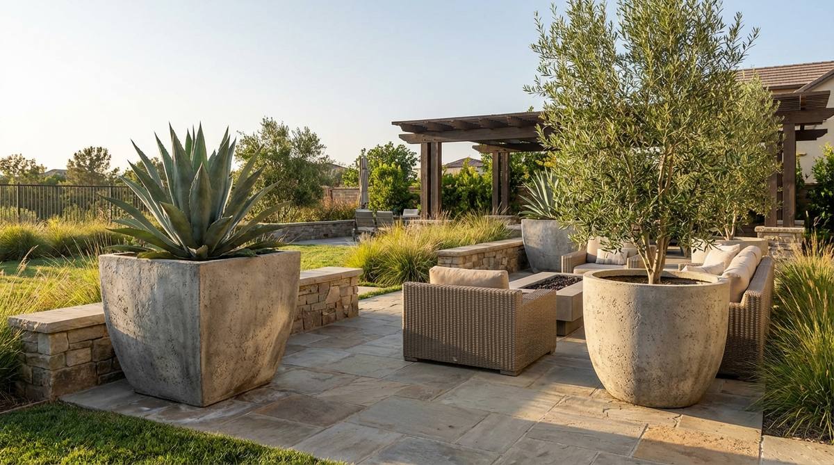 An image showcasing oversized statement planters used as outdoor decorations, featuring large-scale pots with architectural plants to anchor patio corners and balance furniture groupings. The planters are made of lightweight materials like fiberglass or resin, mimicking concrete or stone, and are filled with packing peanuts to reduce soil weight. This setup establishes immediate garden presence with dramatic single plantings.