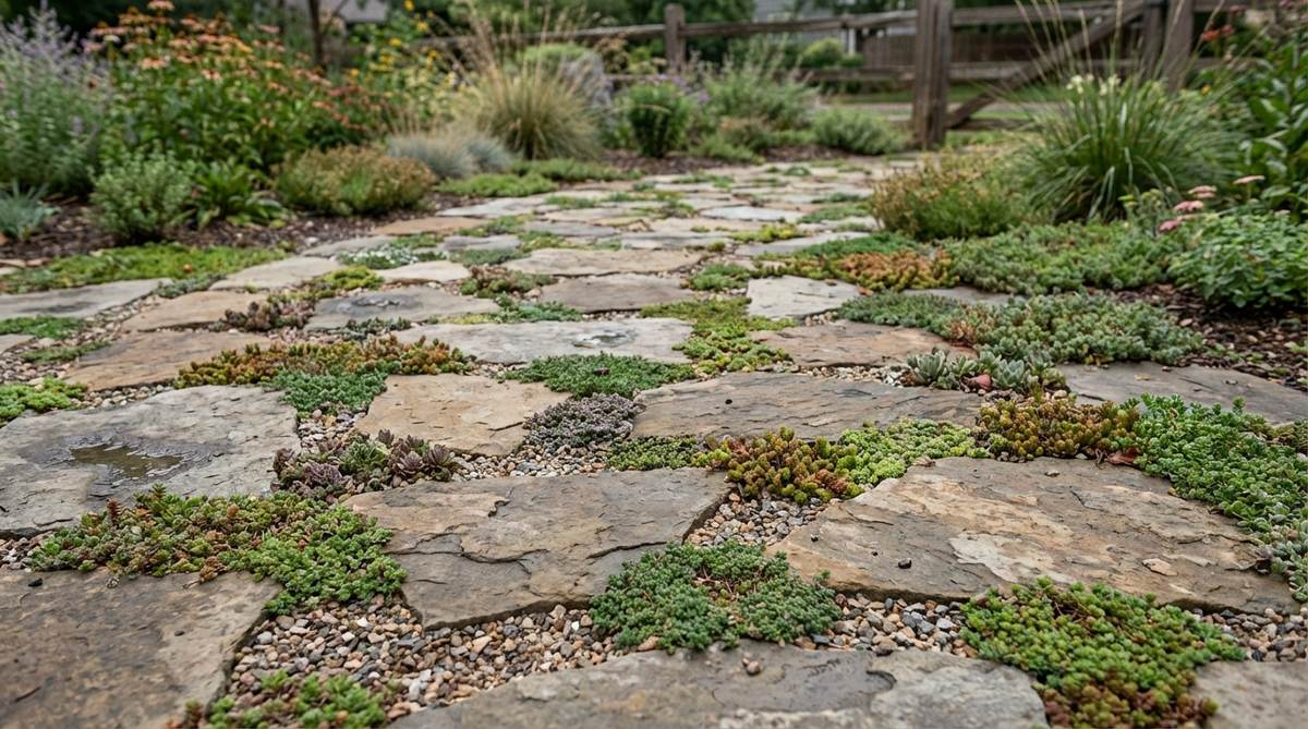 A close-up view of a permeable stone pathway with wide joints, allowing rainwater infiltration and supporting sustainable landscape practices. The gaps are filled with specialized permeable joint fillers or planted groundcovers, such as drought-tolerant plants, to reduce stormwater runoff and soften the hardscape appearance. This eco-friendly design is ideal for gardens and landscapes, promoting environmental benefits and functional pathways as encouraged by many municipalities.