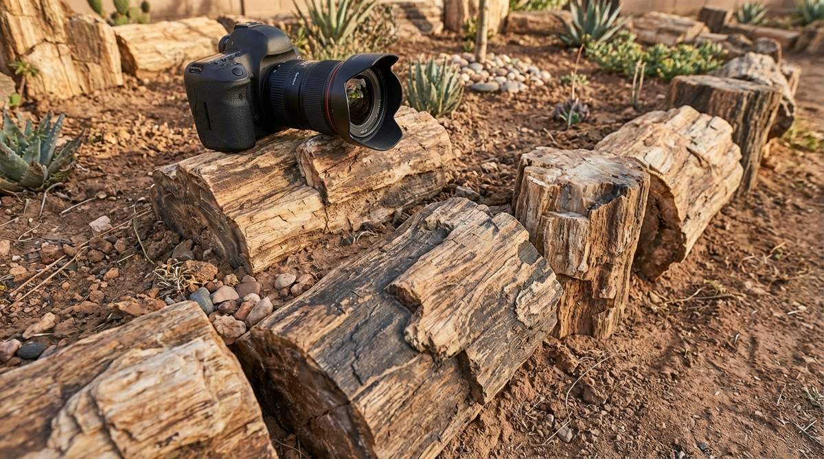 Close-up of petrified wood stone border showing mineralized wood pieces with organic grain patterns and stone durability, ideal for rock gardens and Xeriscape designs where its fossilized material bridges natural and geological aesthetics.