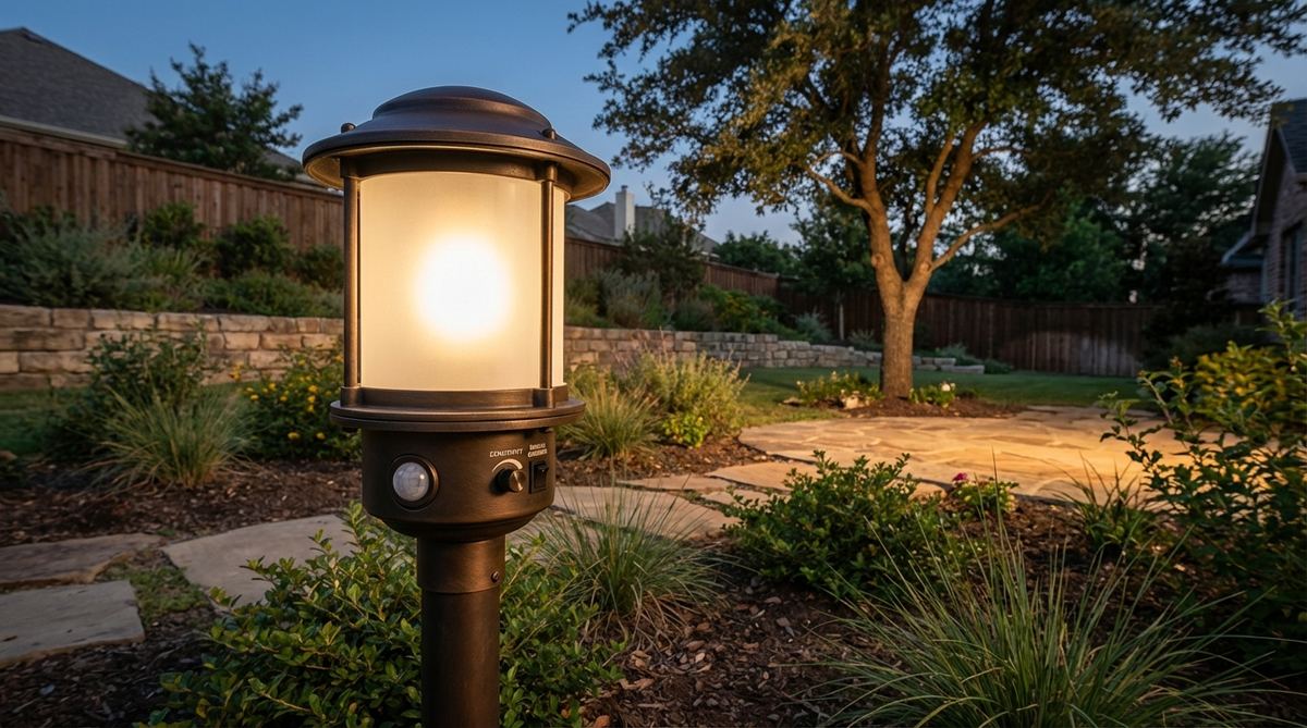 Automatic outdoor lighting fixture with photocell sensor that activates at dusk and deactivates at dawn, featuring adjustable sensitivity for different installation conditions and manual override capability.
