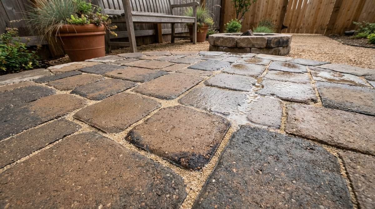 A close-up photo showing porous concrete or permeable pavers with sand-filled joints in a small garden patio setting. The sand joints allow water infiltration while preventing weed growth, providing a low-maintenance permeable surface. The pavers are locked in place with compacted sand, and polymeric sand options can be seen hardening slightly for increased stability. This image illustrates the practical application of porous pavers with sand joints, highlighting their drainage capabilities and suitability for locations where planted joints would require excessive care.