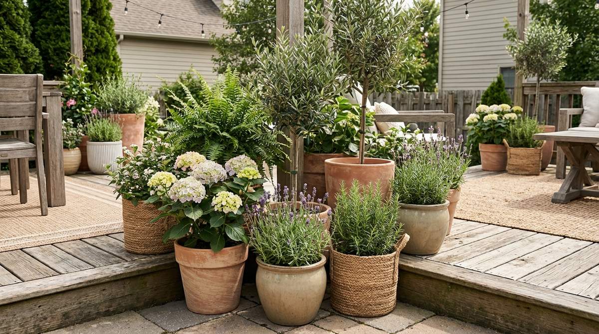A modern boho decor arrangement featuring clustered groups of potted plants with varying heights in terracotta, ceramic, and woven basket planters. The mix includes flowering plants, foliage varieties, and herbs, creating lush garden-like zones with rich textures for patio spaces.