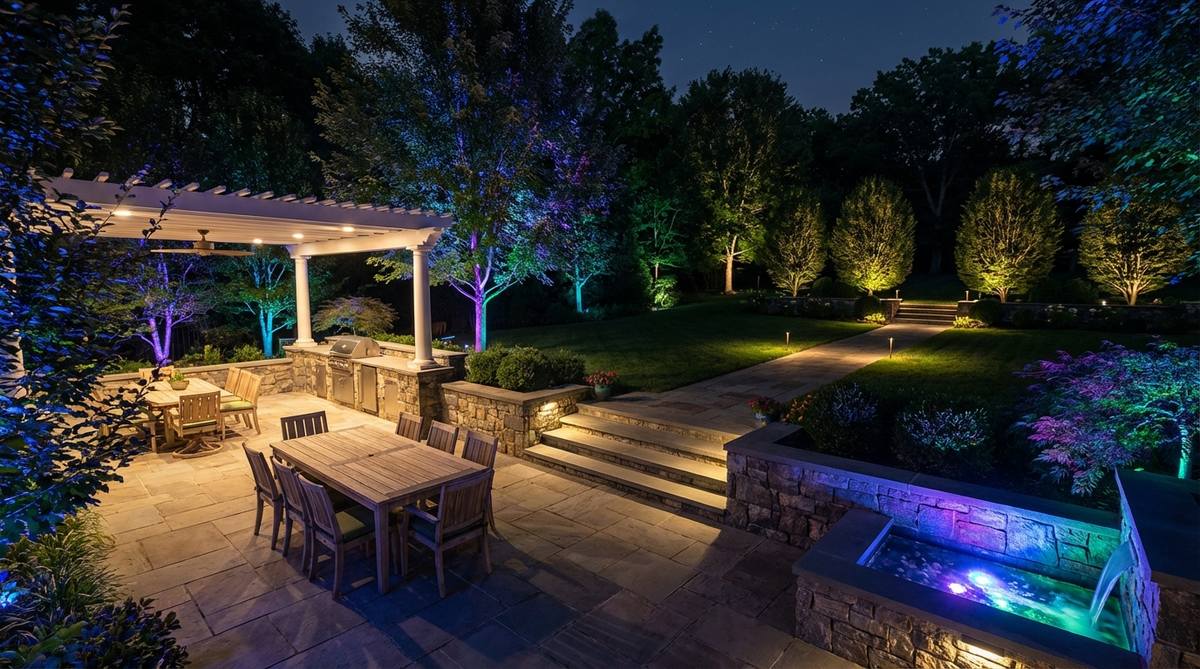 A garden at night with programmable color scenes, showing pre-set lighting combinations for dining, entertaining, and landscape showcase modes. The lights create vibrant patterns and intensities with single-button activation, transforming the outdoor space instantly.