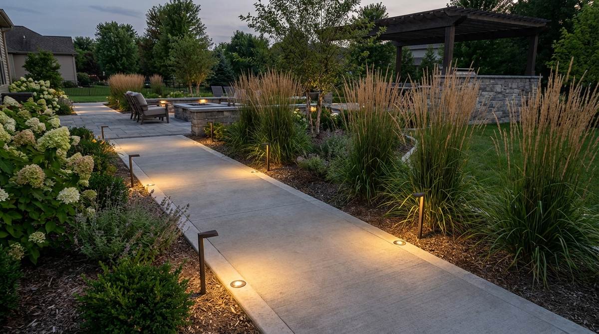 LED fixtures embedded within concrete pathways provide subtle ground-level illumination with flush installation to prevent tripping hazards. Spaced at 6-8 foot intervals along pathway edges with warm color temperatures for inviting ambiance. Features proper waterproofing and access for bulb replacement using low-voltage systems for safety and efficiency in modern garden design.