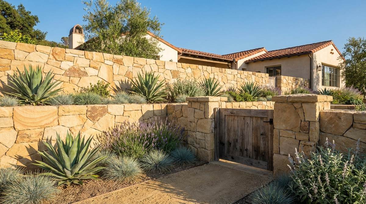 A stone garden wall constructed from Santa Barbara sandstone showing warm tan tones and subtle grain variations. The wall complements Spanish and Mediterranean architecture, with custom shaping for perfect fit. Suitable for southwestern and California landscapes, it brings authentic regional character to gardens with mission architecture and desert plantings.