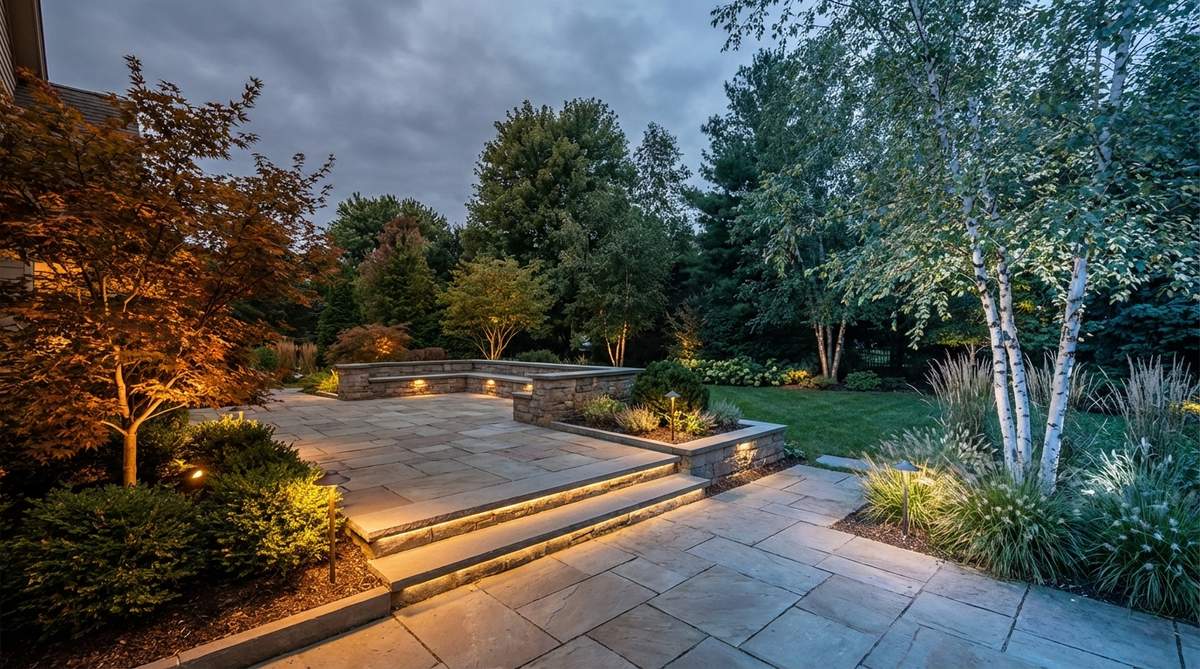 Programmable LED lighting system in a garden setting showing color temperature transition from warm autumn amber to cool winter blue tones, demonstrating seasonal lighting overlays without fixture replacement.