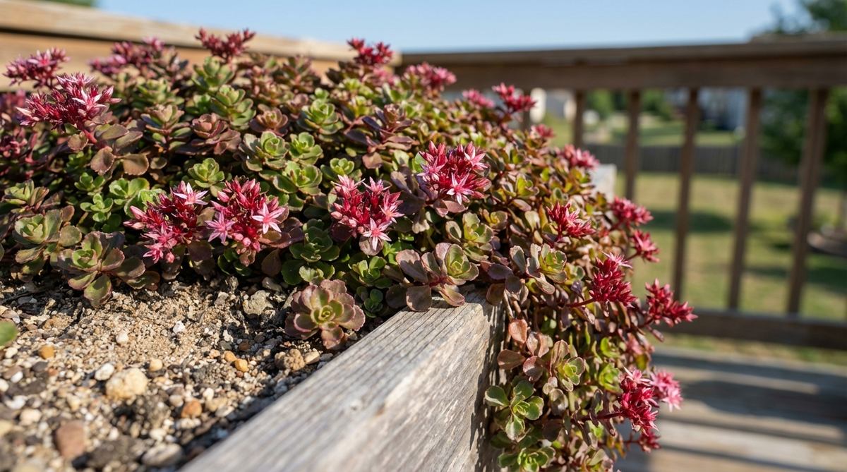 A close-up photo of Sedum Spurium, a creeping sedum variety, forming a low mat of colorful foliage cascading over the edge of a balcony garden container. Pink or red summer flowers are visible, with the plant growing in full sun in gritty, fast-draining soil. The image showcases this hardy succulent's water-storing leaves and cold tolerance.