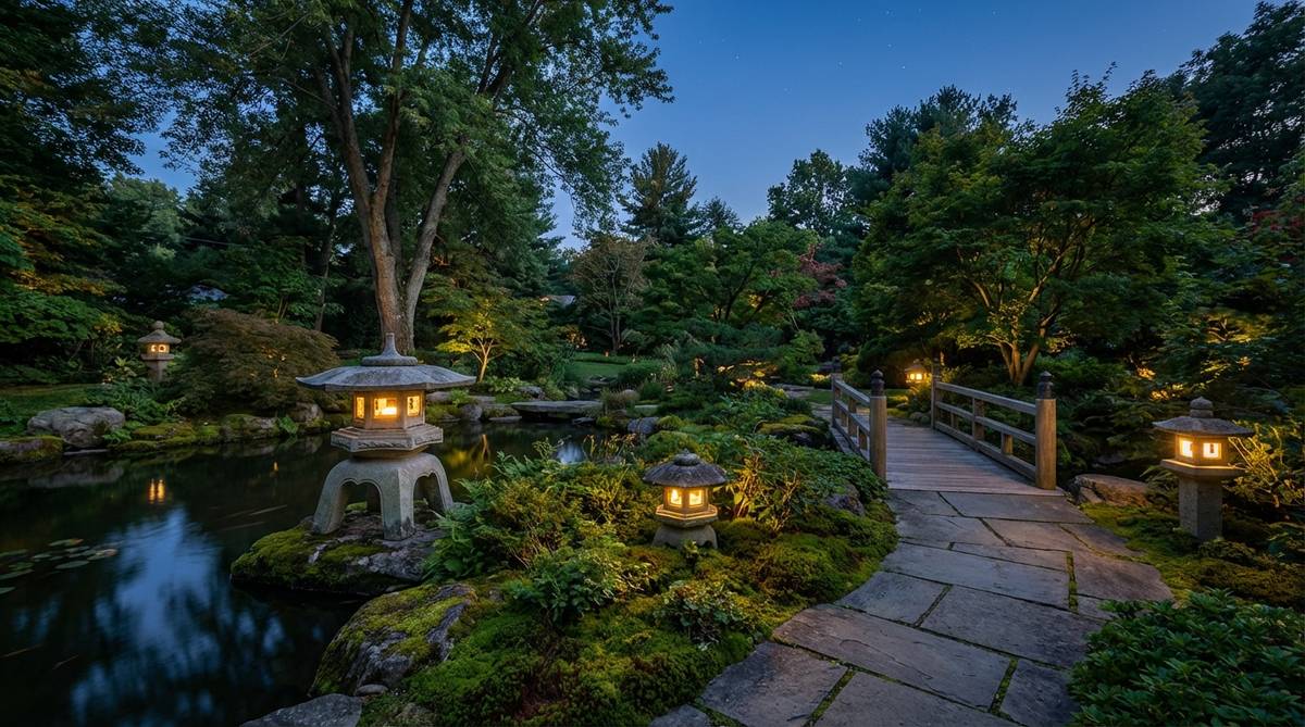 Multiple traditional Japanese stone lanterns positioned along garden paths and near water features, providing ambient evening illumination while serving as sculptural elements during daylight. The network creates a soft glow rather than harsh lighting, preserving the garden's nocturnal mystery. Features traditional forms like yukimi for snow-viewing, oribe for tea gardens, and kasuga for formal areas.