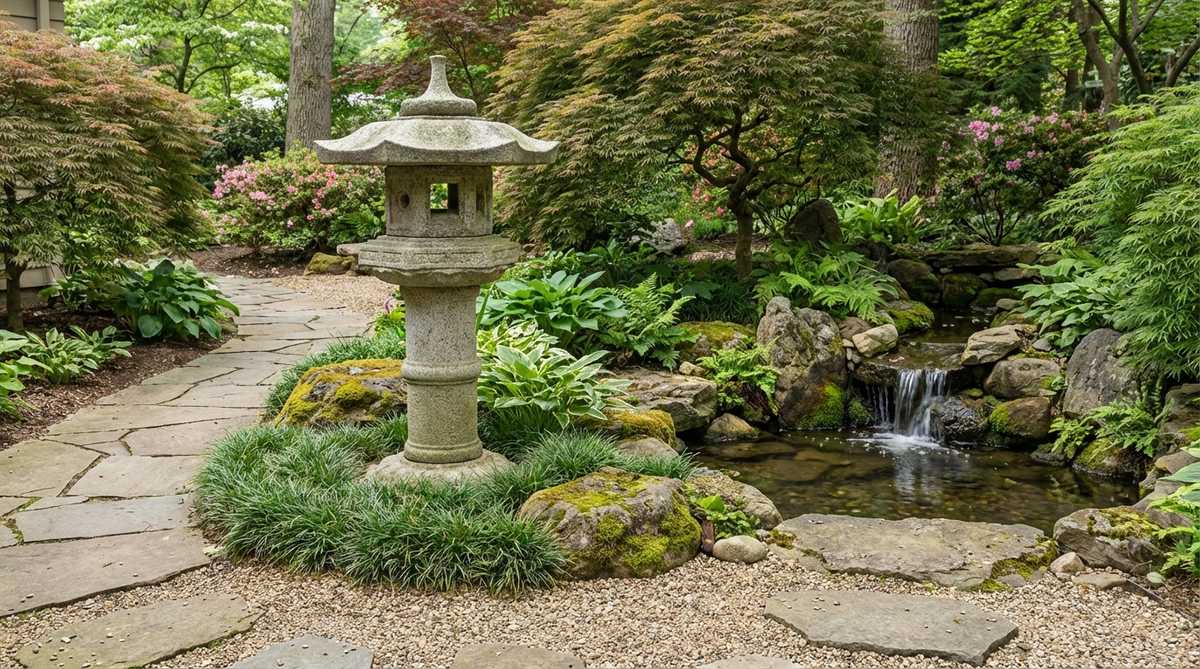 A traditional granite stone lantern positioned within a gravel garden, serving as a sculptural focal point with vertical form. The lantern is set on a concrete footing to prevent settling into the gravel, placed near a pathway for both functional lighting and aesthetic appeal in a Japanese-inspired garden design.