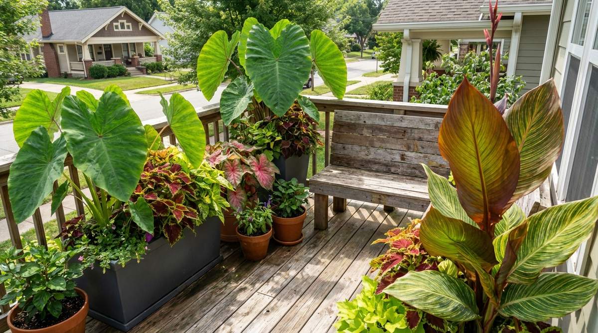 A vibrant balcony scene featuring heat-loving tropical plants like elephant ears, coleus, caladium, and canna lilies, creating a bold summer presence with large leaves that provide a jungle atmosphere. These tender perennials require consistent moisture in hot weather and can be moved indoors before frost or treated as annuals for dramatic seasonal impact.