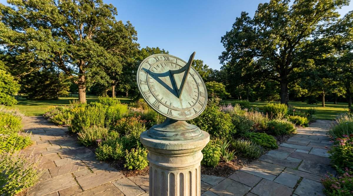 A decorative garden statue featuring a functional sundial mounted on an elegant pedestal. The bronze dial shows natural patina development while maintaining clear timekeeping visibility. Positioned at optimal reading height in full sunlight for accurate shadow casting, this dual-purpose element combines artistic sculpture with practical timekeeping function.