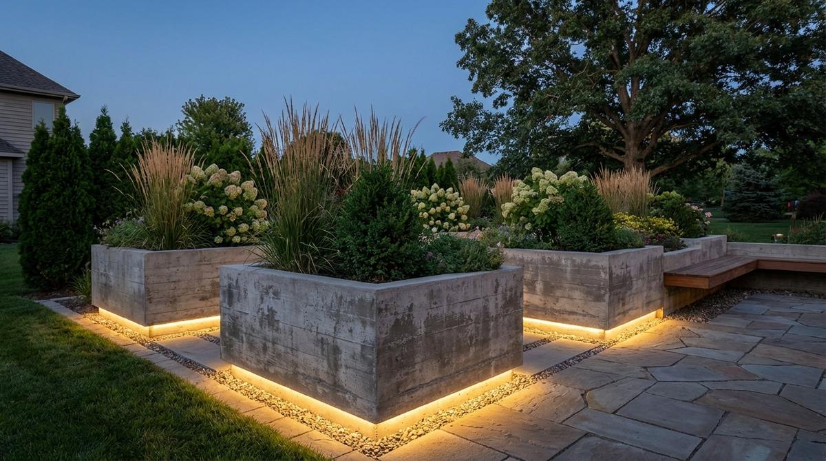 Modern garden featuring raised planters with concealed LED lighting strips beneath the bottom edges, creating a floating effect. The indirect illumination highlights the texture of corten steel or concrete materials while avoiding glare, showcasing material quality without distracting from the plantings above.