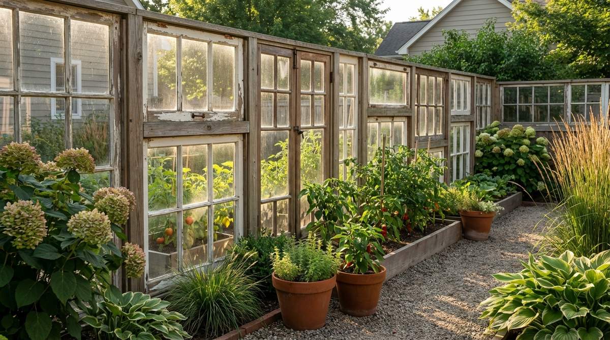 A creative garden fence made from salvaged window sashes with glass panels that allow light through while defining garden boundaries. The architectural elements add historical character and artistic interest to garden perimeters, with glass panes creating greenhouse effects for heat-loving plants.