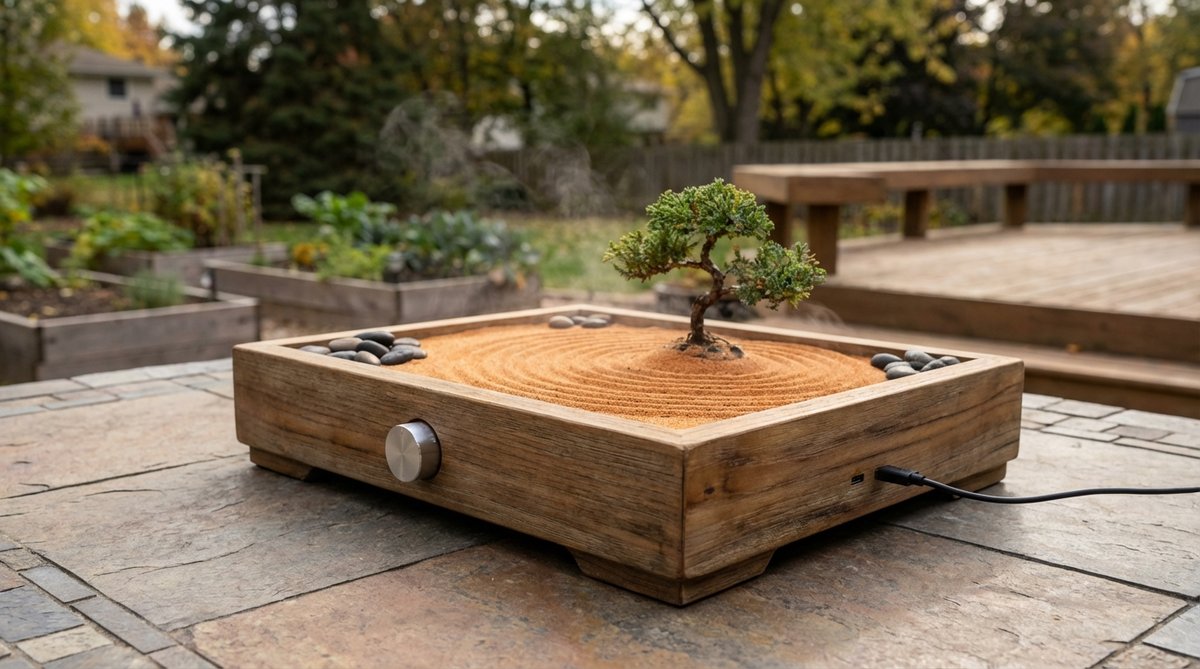 A USB-powered heating element integrated into a miniature zen garden, providing gentle warmth through the tray base for comfortable hand temperatures in winter. Features safe low-temperature operation, warm sand for tactile comfort during raking, and temperature controls to prevent overheating.