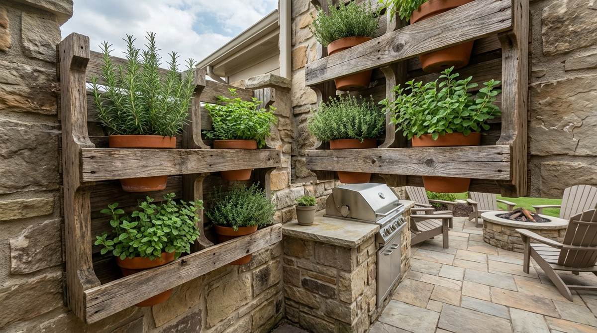 A wall-mounted vertical herb garden featuring rosemary, thyme, and oregano in repurposed pallets or planters, positioned near an outdoor kitchen or seating area for easy access to fresh herbs for garnishing meals and beverages.