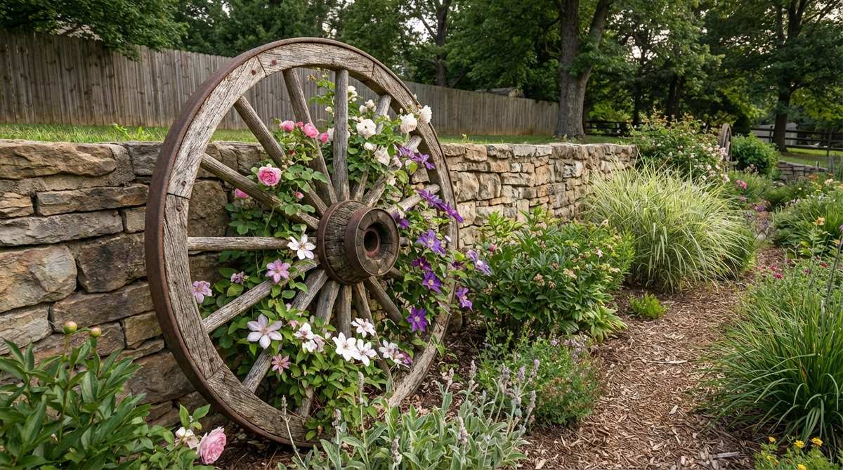 A vintage wagon wheel mounted vertically as a rustic garden trellis, with flowering vines climbing through its radial spoke pattern. The circular design creates a strong focal point while providing structural support for climbing plants in a rustic garden setting.