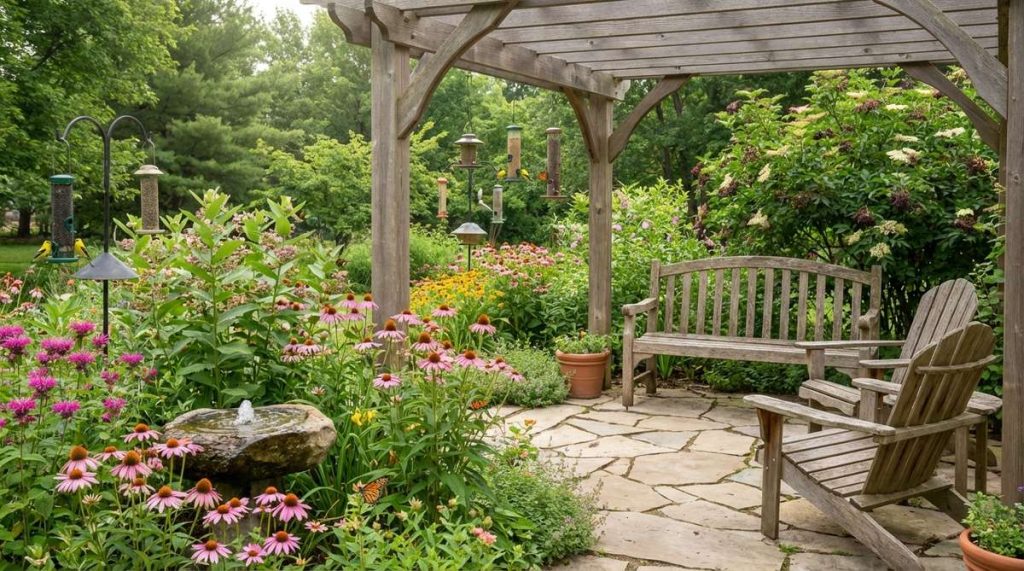A vibrant wildlife observation garden featuring strategic plantings of native flowers and shrubs that attract birds, butterflies, and beneficial insects. The scene shows a dynamic garden aesthetic with seating areas positioned to overlook feeding and watering stations, creating a constantly changing environment filled with wildlife activity and regional species interactions.