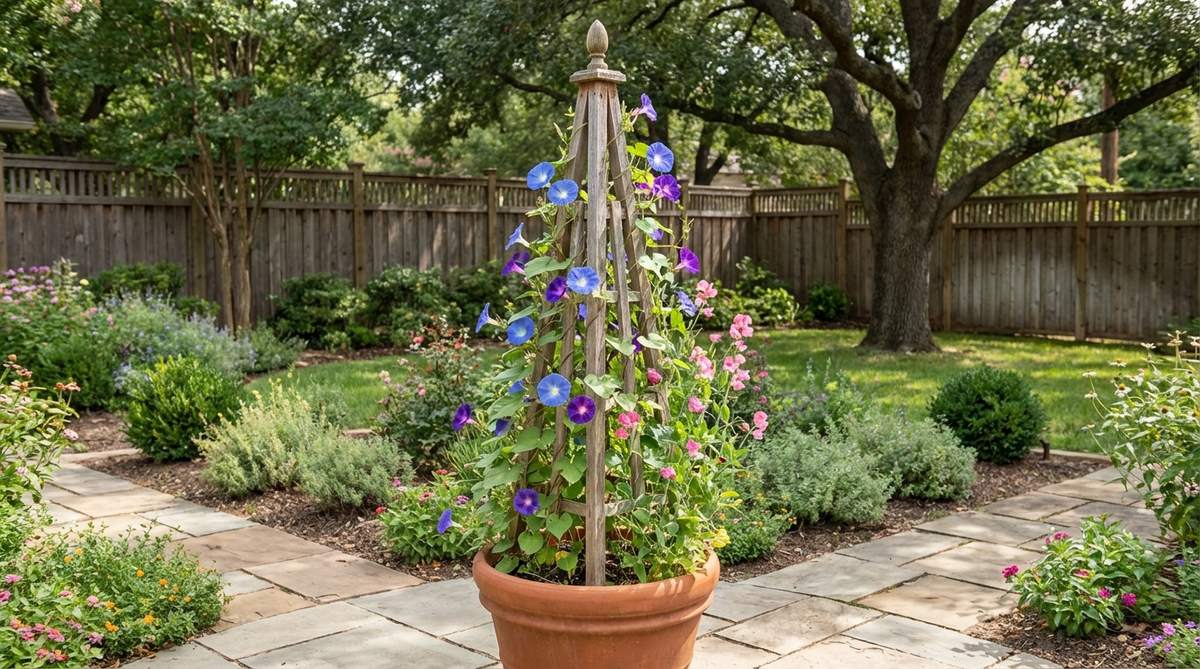 A wooden obelisk trellis made of cedar or treated pine, standing 4 to 6 feet tall, supporting climbing plants like morning glories or sweet peas in a garden or container setting.