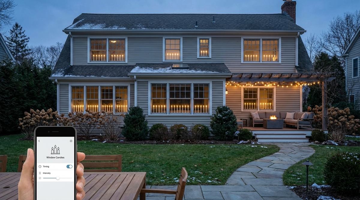 Smart home app-controlled candle system installed in outdoor windows for Christmas decor, featuring coordinated timing and intensity control via mobile device for symmetrical presentation.