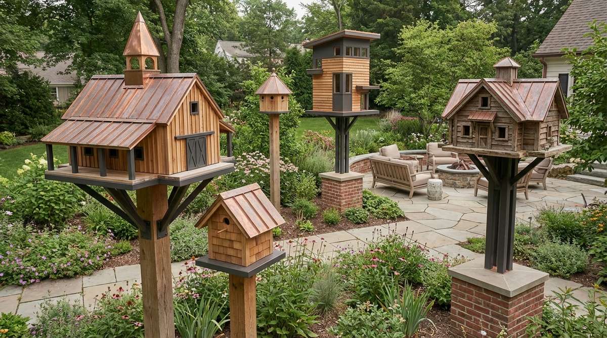 A collection of designer architectural birdhouses with copper roofs, cedar siding, and contemporary metal structures that provide nesting sites for cavity-dwelling birds while matching garden styles. Mounted at appropriate heights for different species with properly sized entry holes.