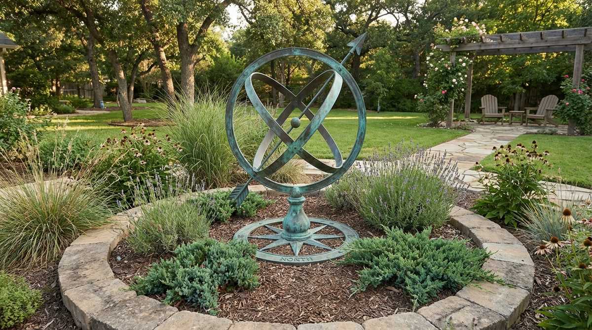 A decorative armillary sphere sculpture made of bronze with intersecting metal rings representing celestial coordinates, positioned in a circular garden bed. This astronomical instrument features verdigris finishes and arrow points aligned to north, suitable for garden decor with diameters ranging from 18-30 inches.