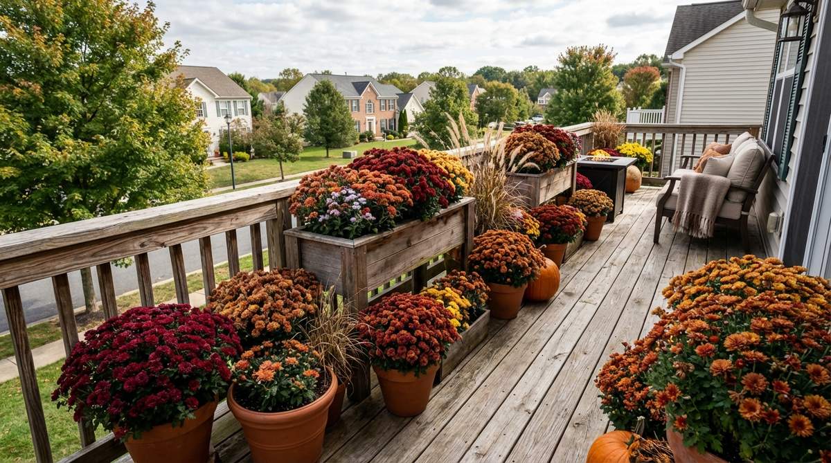 A vibrant balcony display featuring chrysanthemums and asters in rich autumn colors like burgundy, rust, orange, and gold. These late-season blooms provide fall color and fill gaps left by summer annuals, perfect for balcony decor in cooler temperatures. The perennials may overwinter in mild climates or be composted and replanted in cold regions.