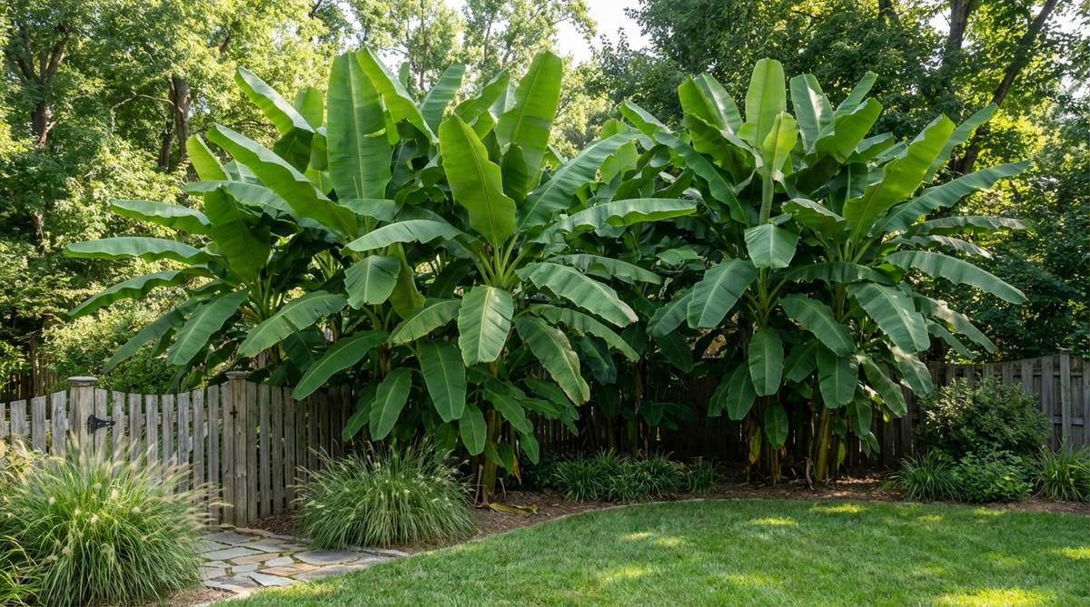 A dense grouping of banana plants creating a lush visual barrier in a tropical garden, showcasing dramatic leaves that provide seasonal screening and quick coverage during warm months.
