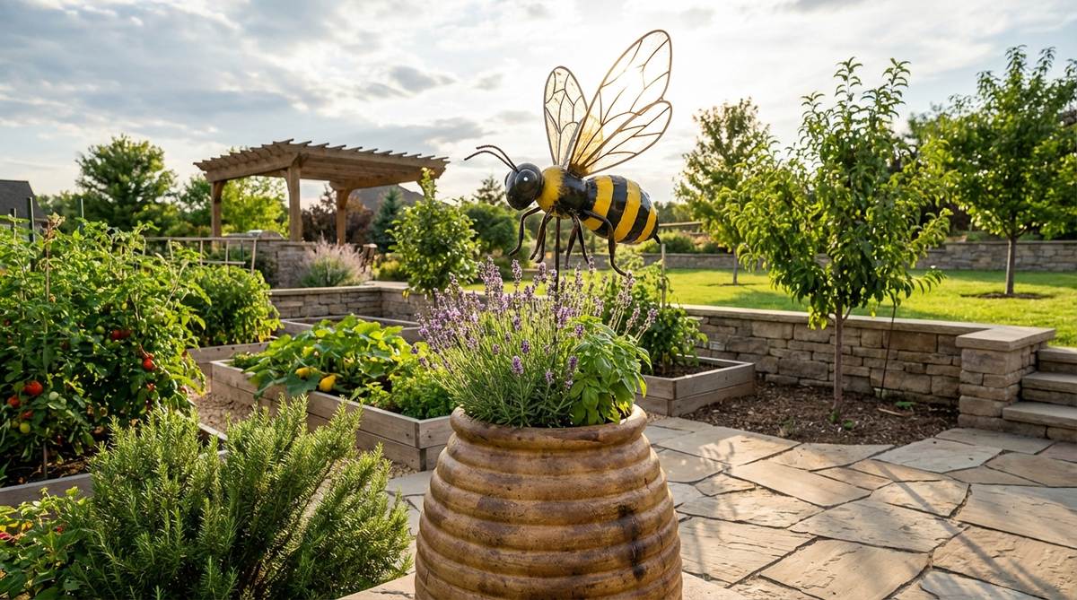 A decorative bee hovering near a beehive-shaped planter, featuring striped bodies and translucent wings that catch sunlight. This garden decor piece celebrates pollinators while serving functional purposes near herb gardens, fruit trees, or vegetable plots.