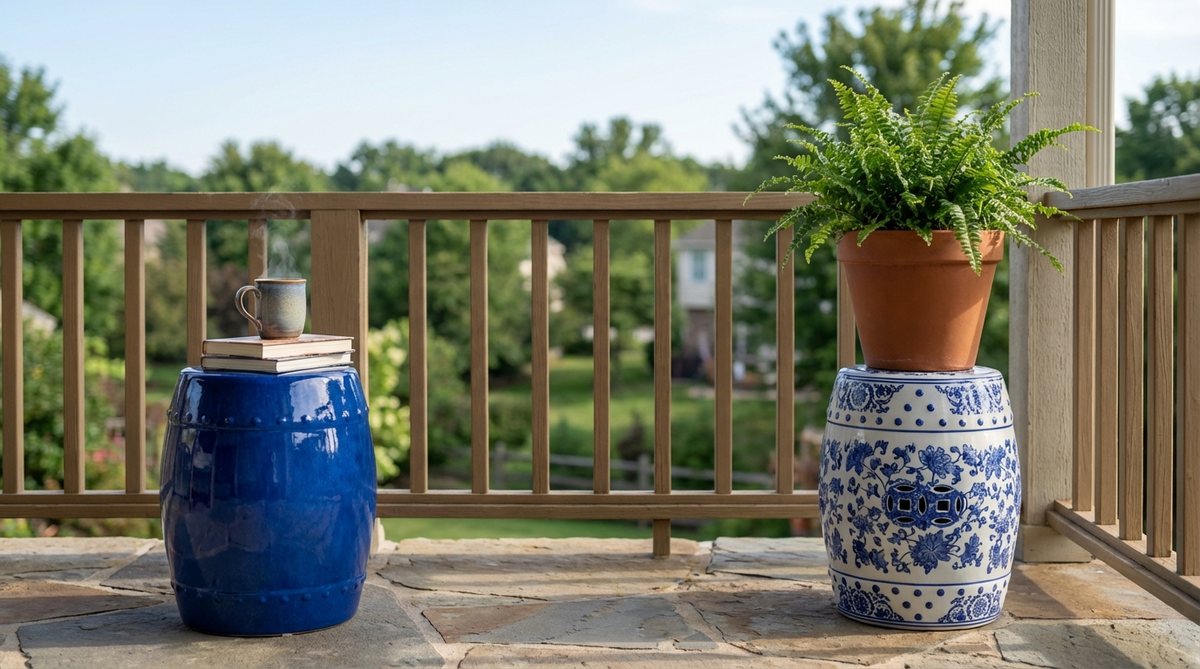 Glazed ceramic garden stools serving as versatile side tables, extra seating, or plant stands on a balcony. Traditional Chinese drum stool design with waterproof surface that handles condensation. Available in solid glazed finishes for modern schemes or intricate patterns for eclectic spaces.