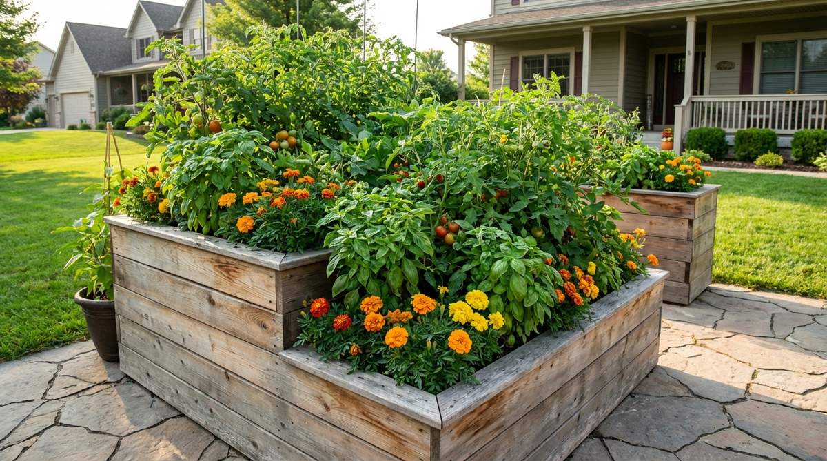 A large container garden showcasing companion planting with deep-rooted tomatoes, shallow-rooted basil, and marigolds in a small space, illustrating efficient three-dimensional planting for high density.