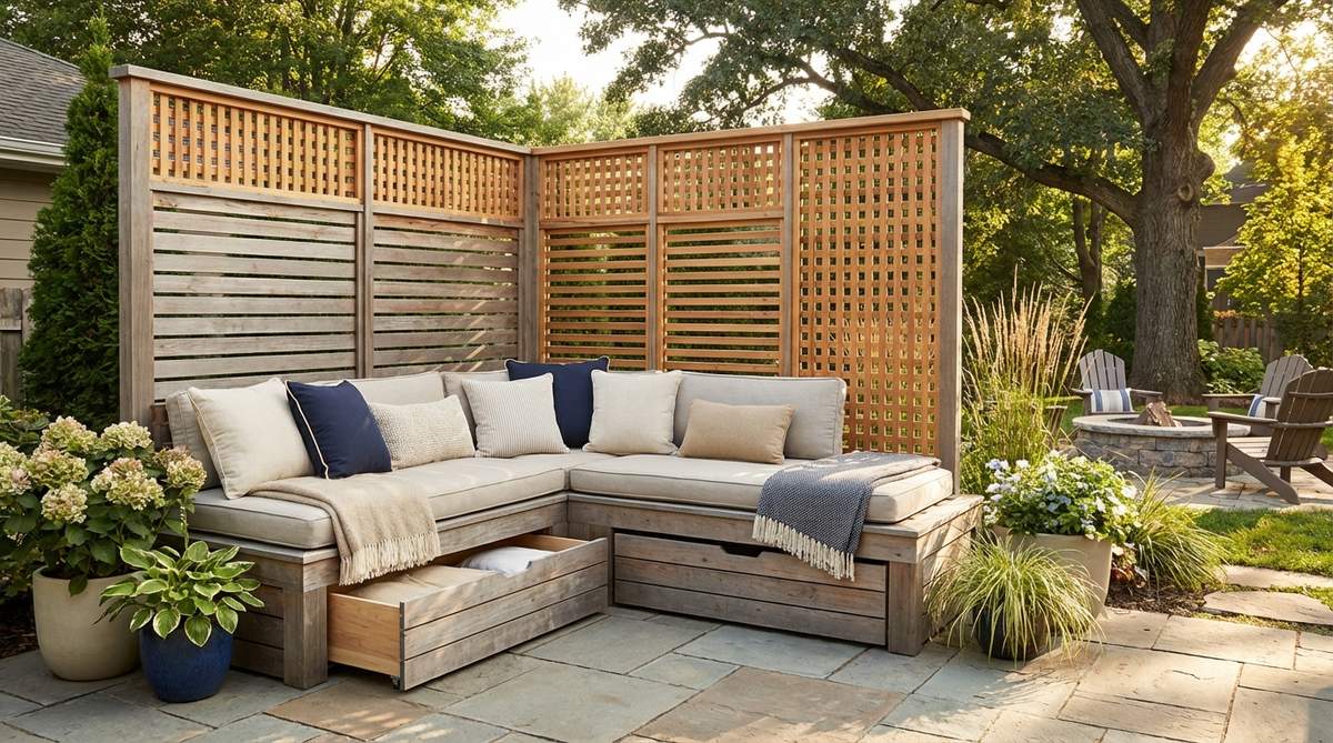 A corner daybed with privacy panels creating an intimate lounging nook in a small garden. Features lattice or slatted panels for partial screening and air circulation, with built-in storage beneath the mattress platform for outdoor pillows and throws.