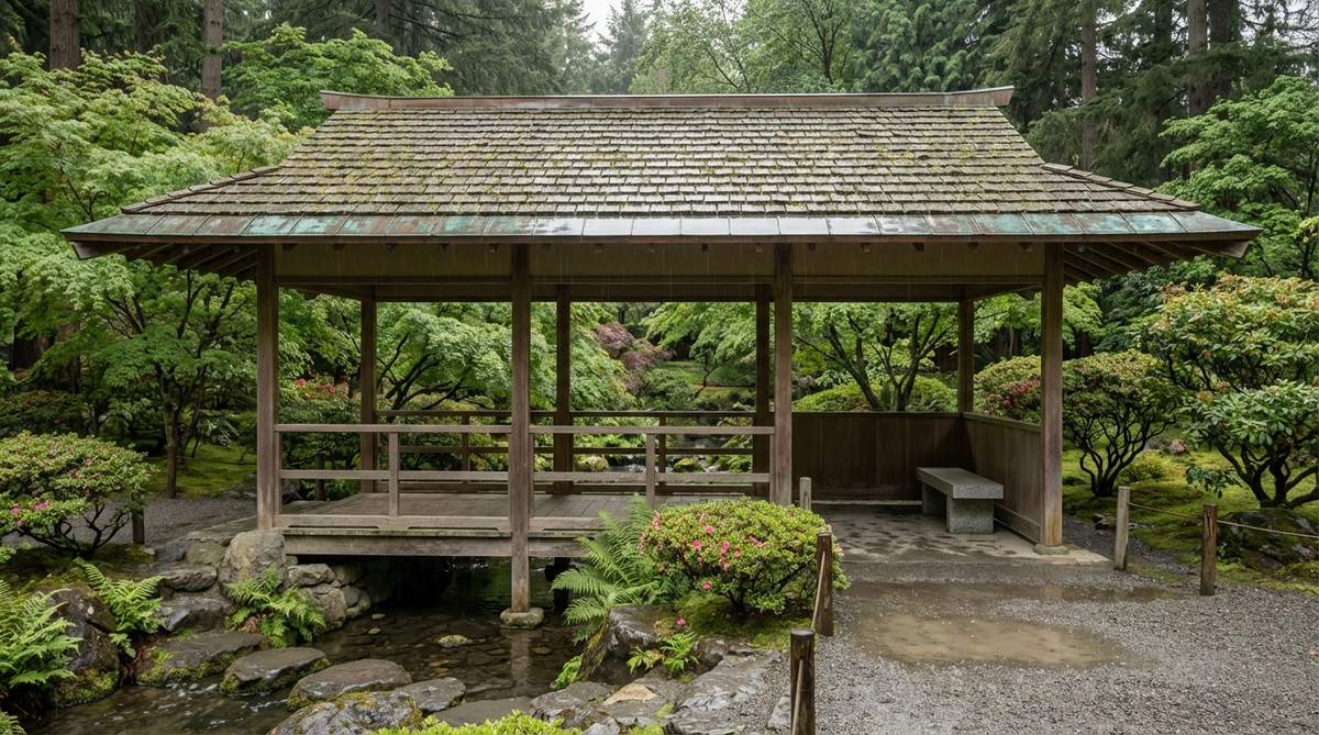 A covered bridge shelter in a Japanese garden, featuring a roof with broad eaves and open sides, designed to extend the viewing season by providing protection from rain or snow while maintaining air circulation. The structure uses materials like copper or cedar shingles that develop a natural patina, blending with the garden's surroundings and creating an outdoor room where weather serves as a theatrical backdrop.