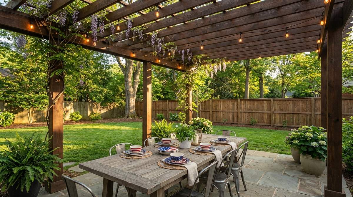 A modern timber pergola structure defining an elegant outdoor dining area with integrated string lights, providing partial shade while creating a sheltered ambiance perfect for contemporary garden entertaining.
