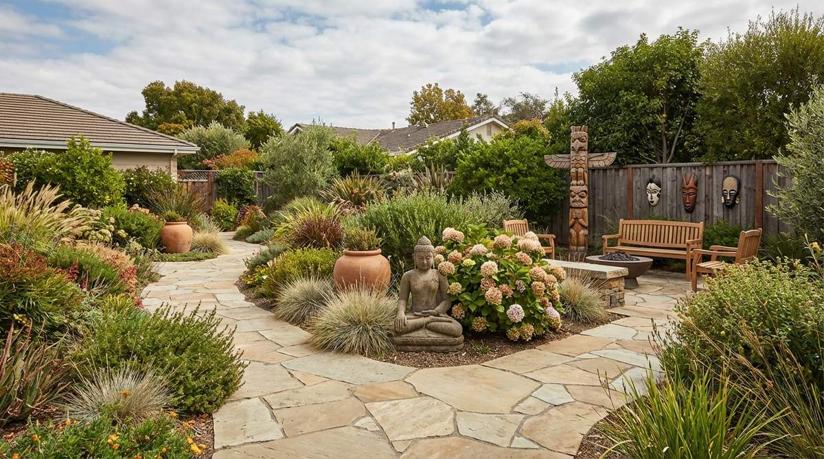 A serene boho garden featuring Buddha statues, African masks, and tribal totems placed at pathway intersections and among lush plantings, made from weather-resistant materials like stone, resin, or sealed wood, adding global cultural elements and serving as meditation and conversation points.