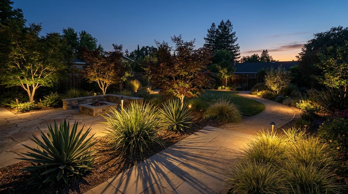 A garden scene at dusk with uplighting and path lights illuminating architectural plants, creating shadow patterns and a warm, inviting atmosphere using low-voltage LED systems for safety and mood enhancement.