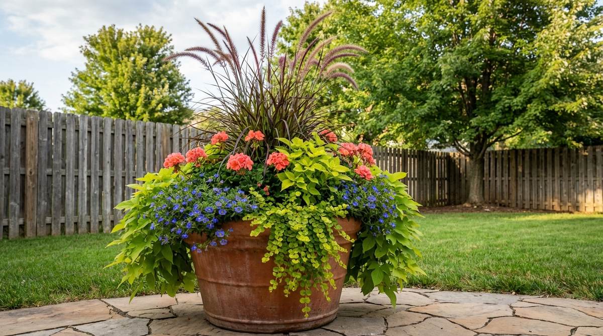 A small backyard container garden showcasing the filler-spiller-thriller design formula, with an upright thriller plant, mounding filler plants, and cascading spillers creating a dynamic, layered composition in a portable container.