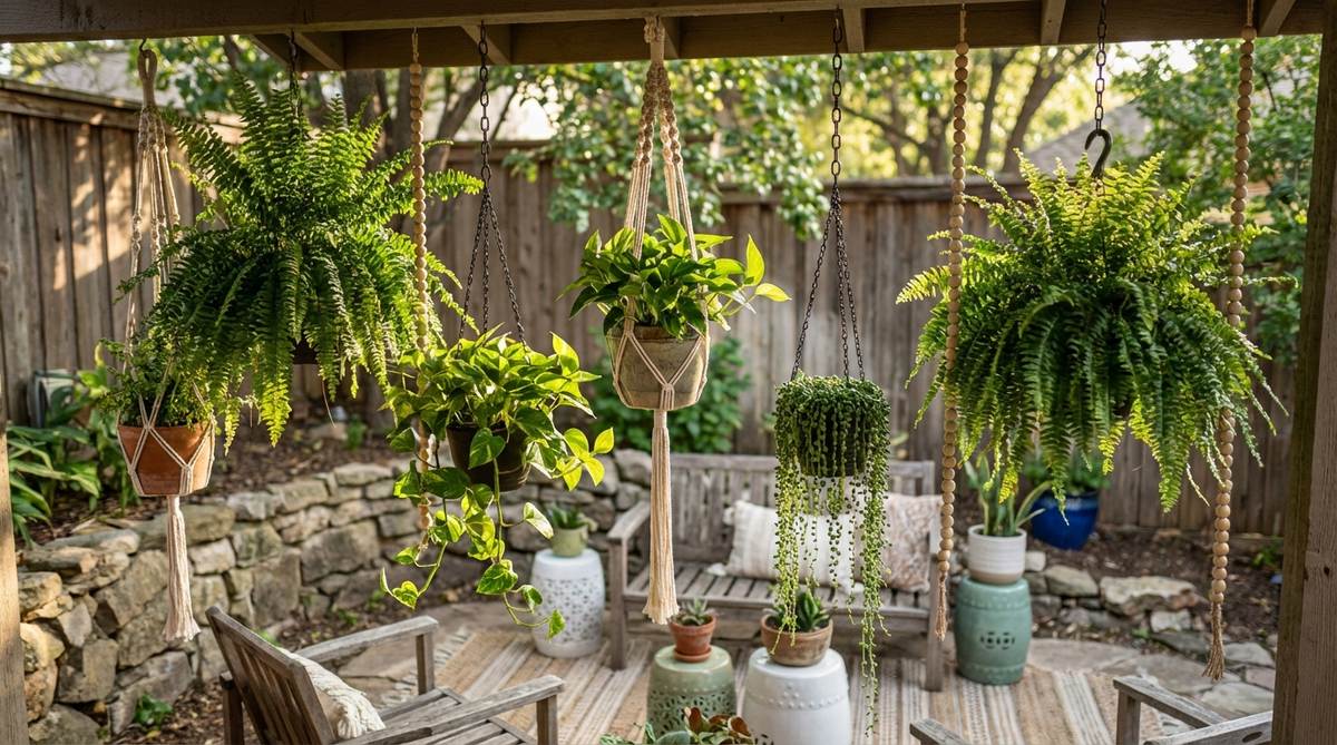 A boho decorations party featuring hanging plant installations with clusters of potted plants like ferns, pothos, and string-of-pearls suspended at varying heights using macrame hangers, creating a living canopy layer for a natural aesthetic and improved air quality.