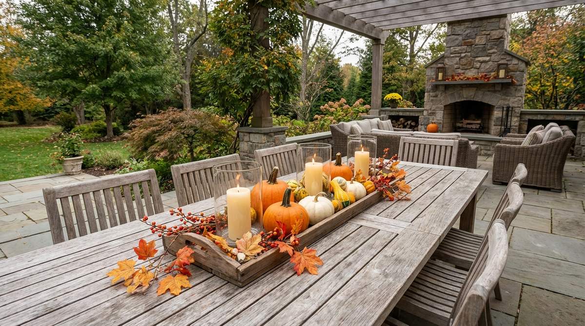 A linear outdoor dining table centerpiece featuring a wooden tray filled with pumpkins, gourds, pillar candles in glass hurricanes, autumn leaves, and berries, arranged for cohesive visual flow and weather-appropriate fall decor.