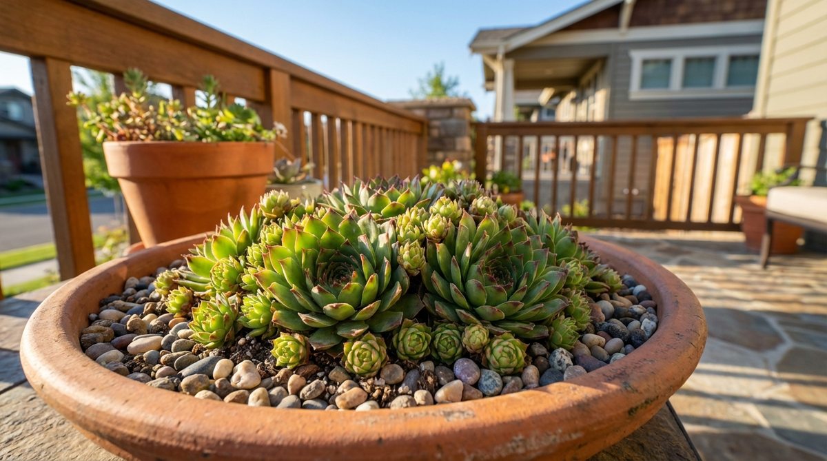 Close-up of Hens-and-Chicks (Sempervivum) succulent rosettes in various colors including green, burgundy, red, and blue-gray. The tight architectural rosettes are 2-6 inches across with offsets spreading gradually. Ideal for containers, rock gardens, or between paving stones where drainage is excellent. Once established, these drought-tolerant plants require zero supplemental water.