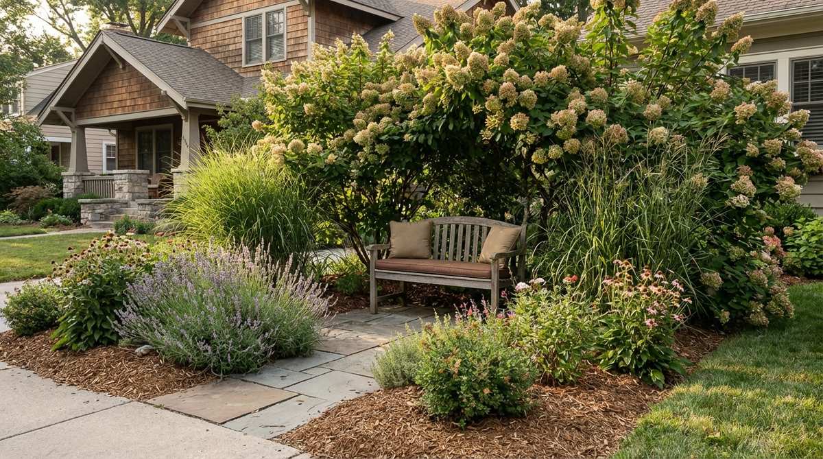 A small bench or seating area tucked into a front yard garden, partially screened by shrubs or ornamental grasses, positioned near fragrant plants for a semi-private and charming outdoor space.